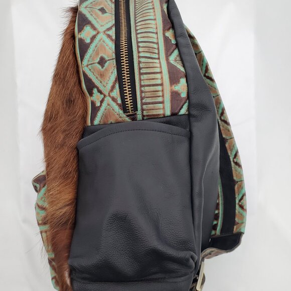 🔥 RARE Western Cowhide & Real Tooled Leather Diaper Bag / Backpack XL 🐄 - Picture 8 of 13